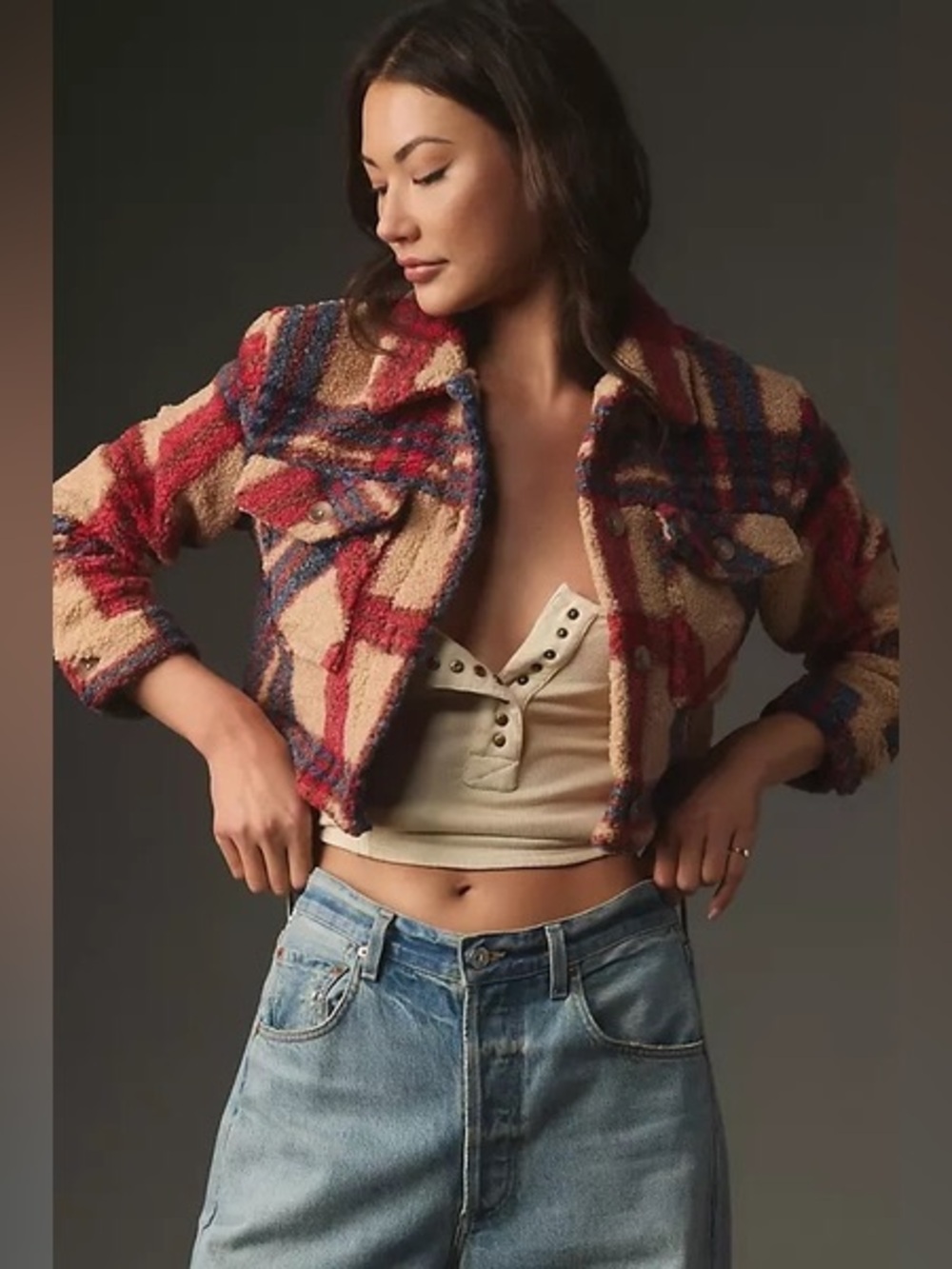 LSPACE Big Sure Cropped Plaid Sherpa Shacket Jacket M NWT